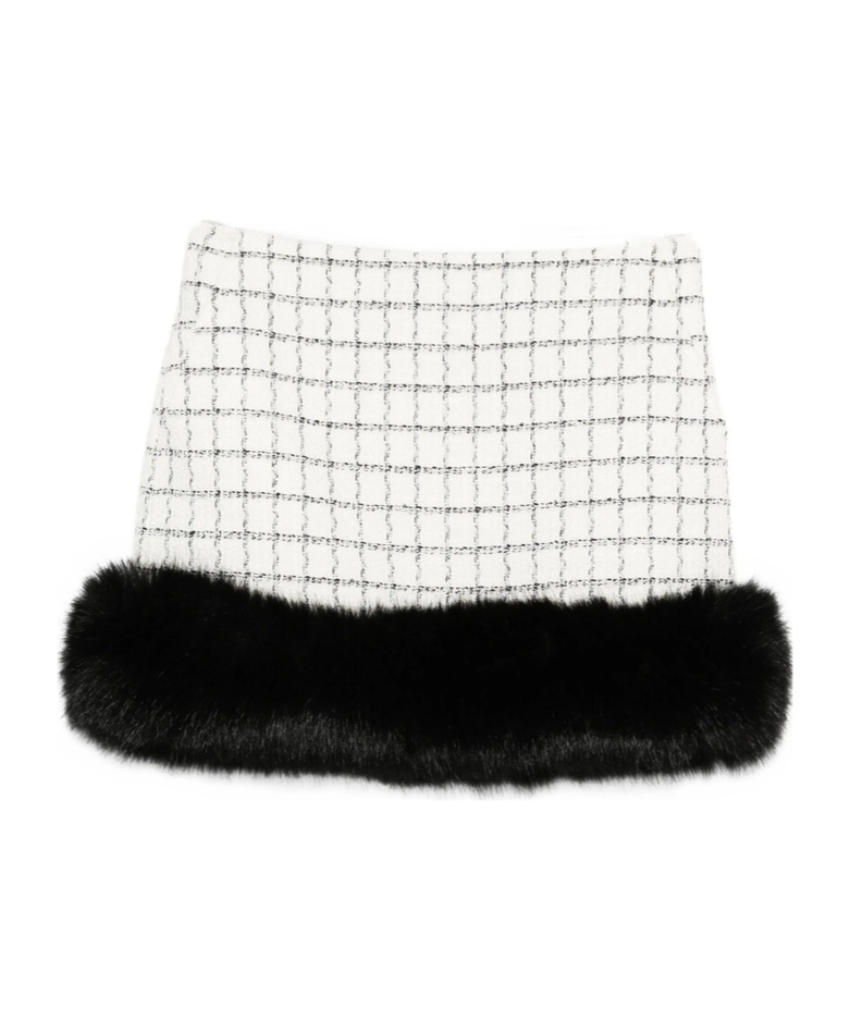 Self-portrait Check Boucle Fur Hem Mini Skirt In White