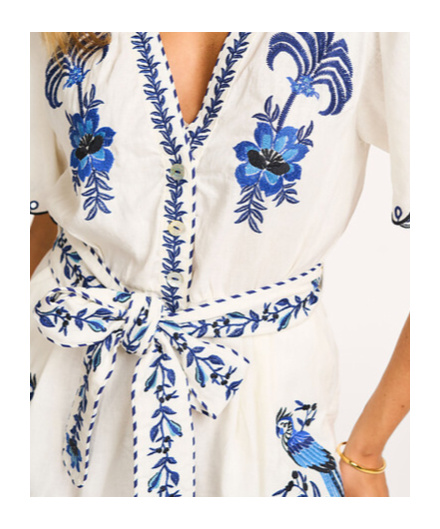 Farm Rio Blue Delicate Forest Richelieu Embroidered Lenzing Ecovero Euroflax Romper In White