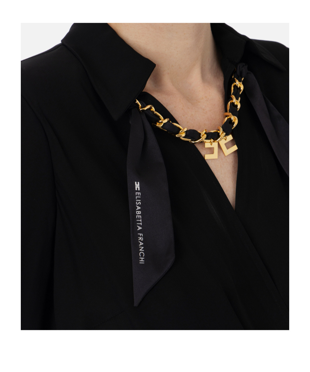 Elisabetta Franchi Dress In Georgette Fabric With Jewel Foulard Scarf In Black
