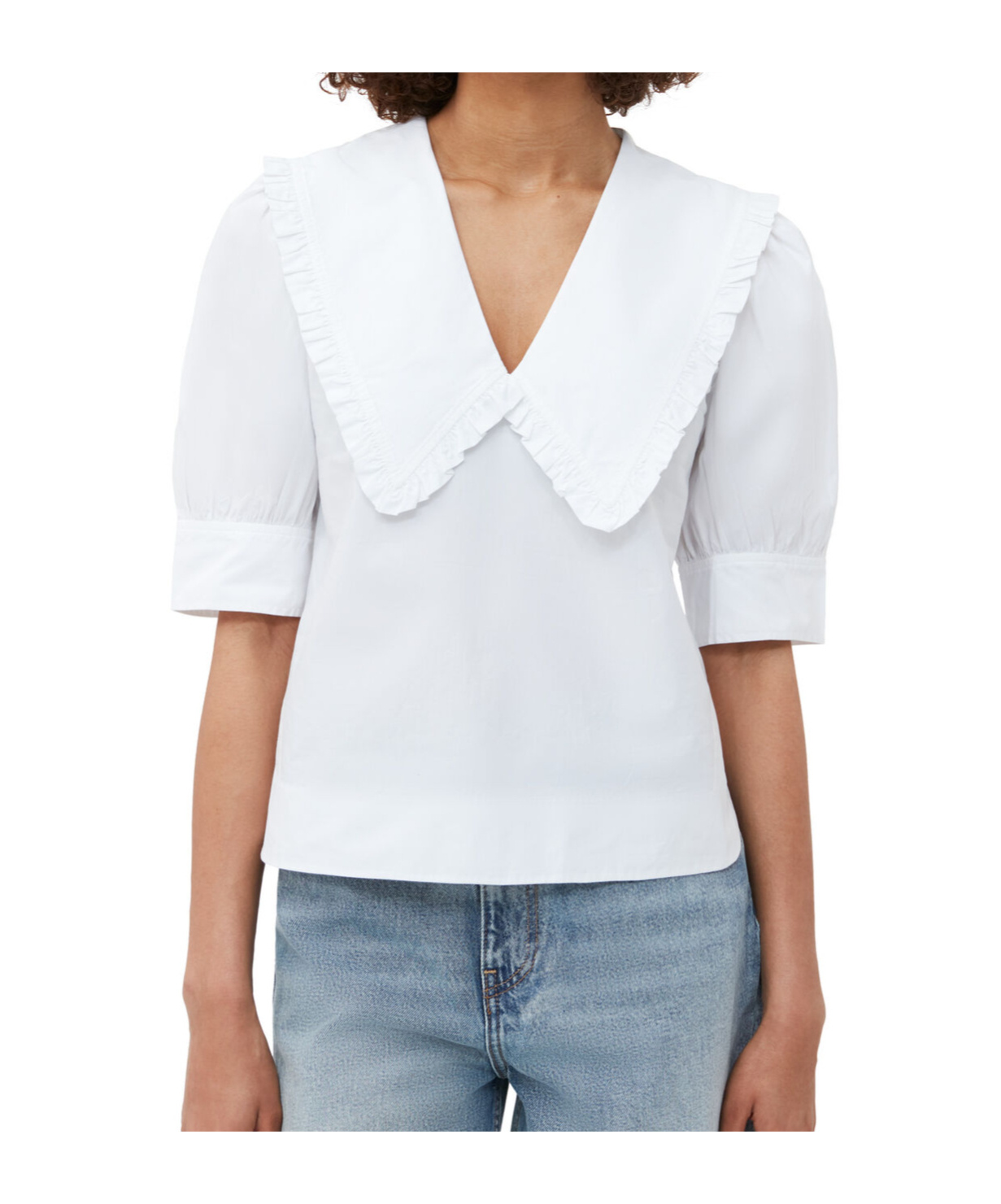 Ganni Ruffled-trim Cotton Blouse In White