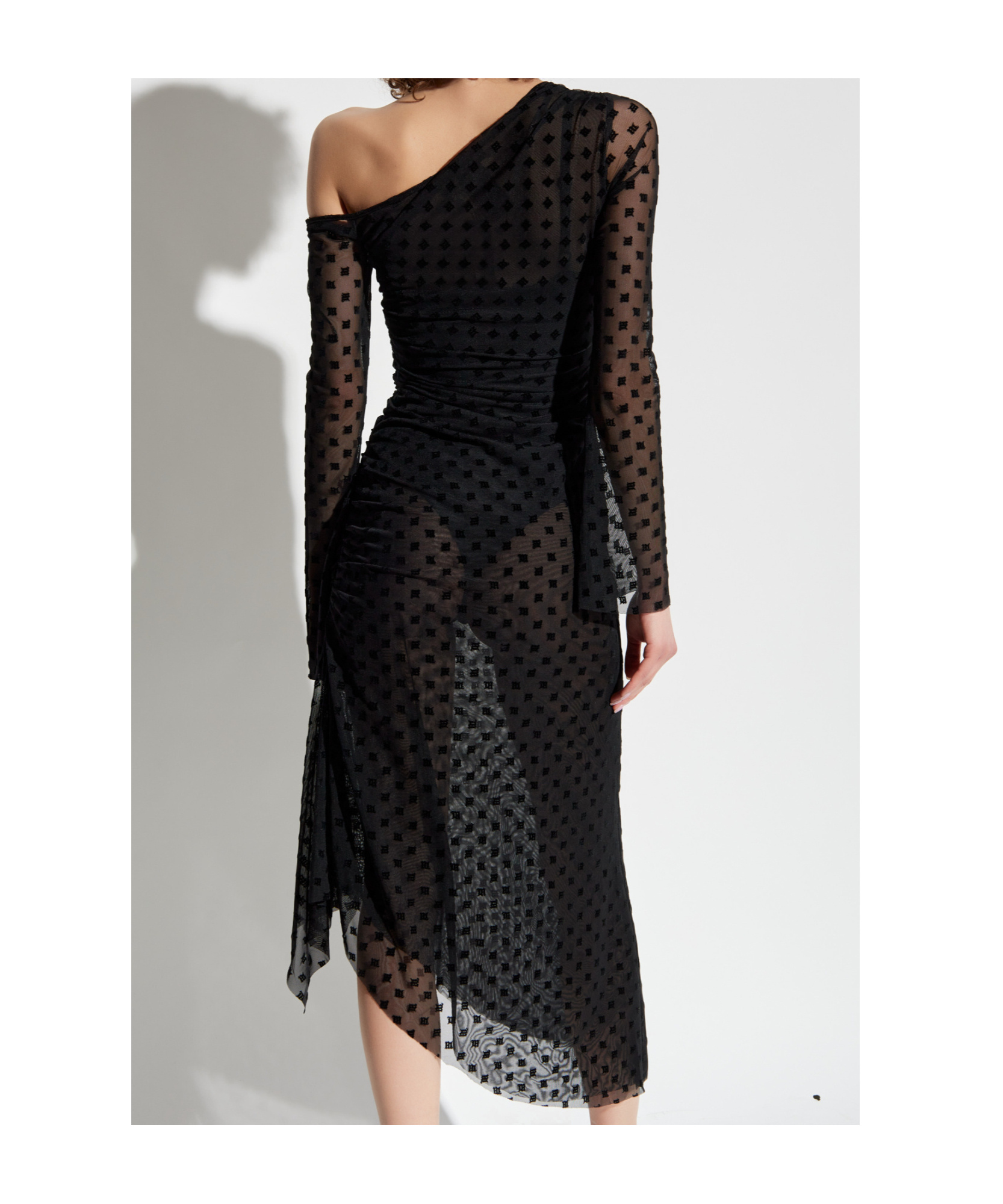 Misbhv Black Sheer Midi Dress With Asymmetric Hem In Black