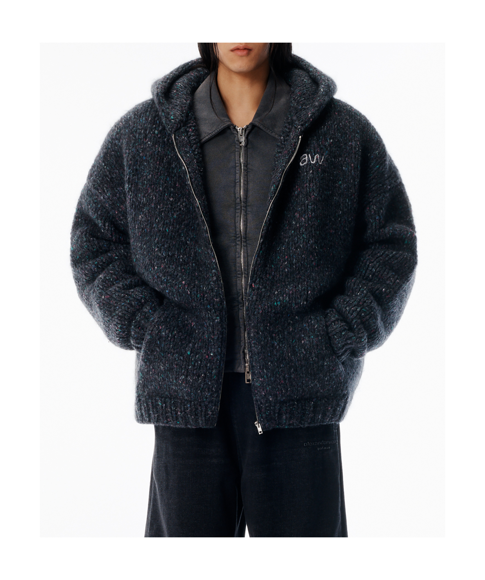 Alexander Wang Oversized Zip-up Hoodie With Aw Embroidery In Black