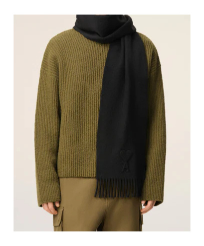 Ami Alexandre Mattiussi Ami Ami De Coeur Fringed Embossed Scarf In Black