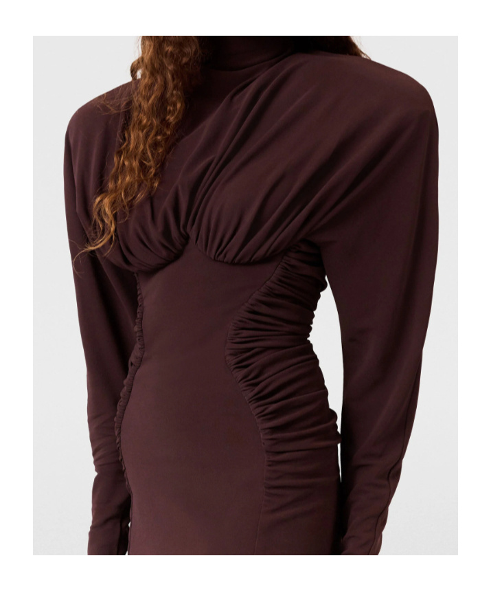 Stella Mccartney Pleated Long Sleeve Crepe Jersey Minidress In Brown