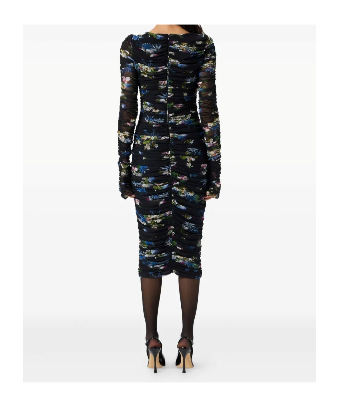 Blumarine Floral Tulle Dress With Long Sheer Sleeves In Black