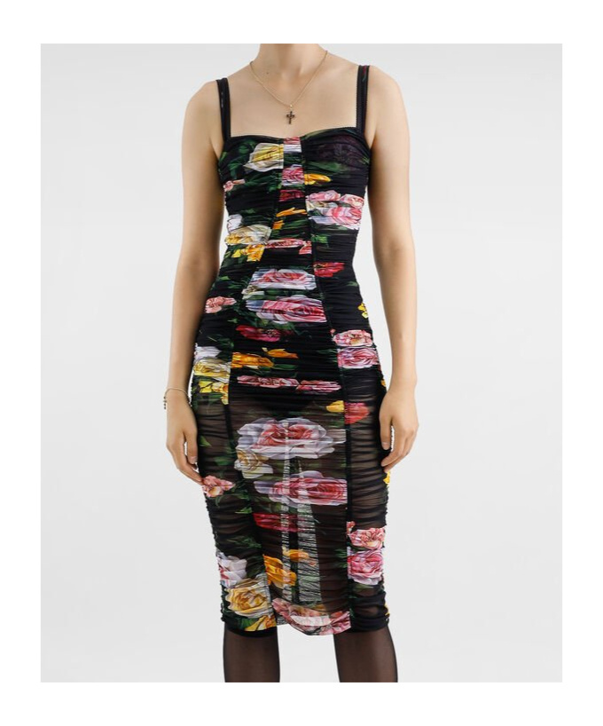 Dolce & Gabbana Paneled Ruched Floral-print Tulle Dress In Black