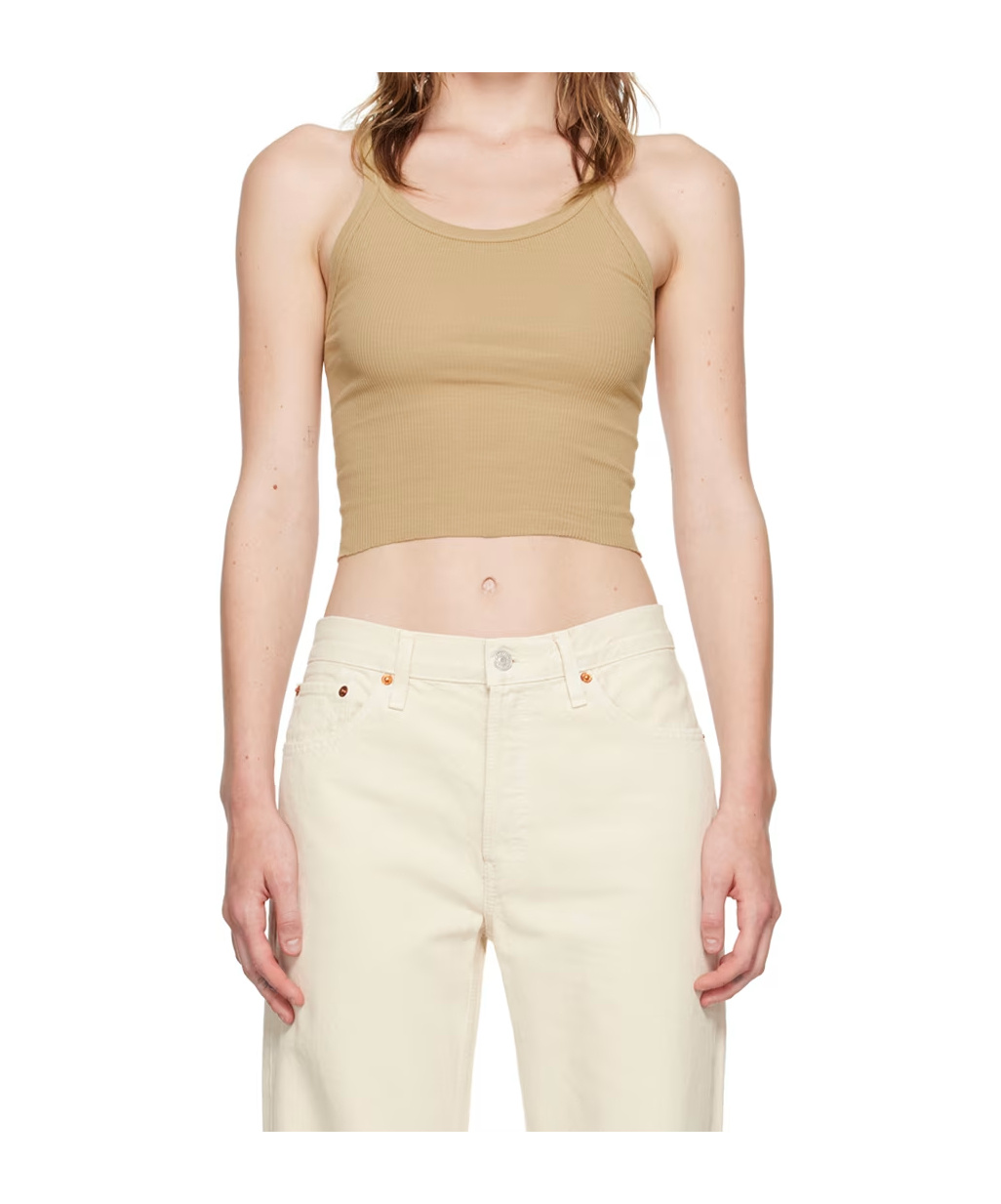 Re/done Beige Hanes Edition Cropped Ribbed Tank Top In Green
