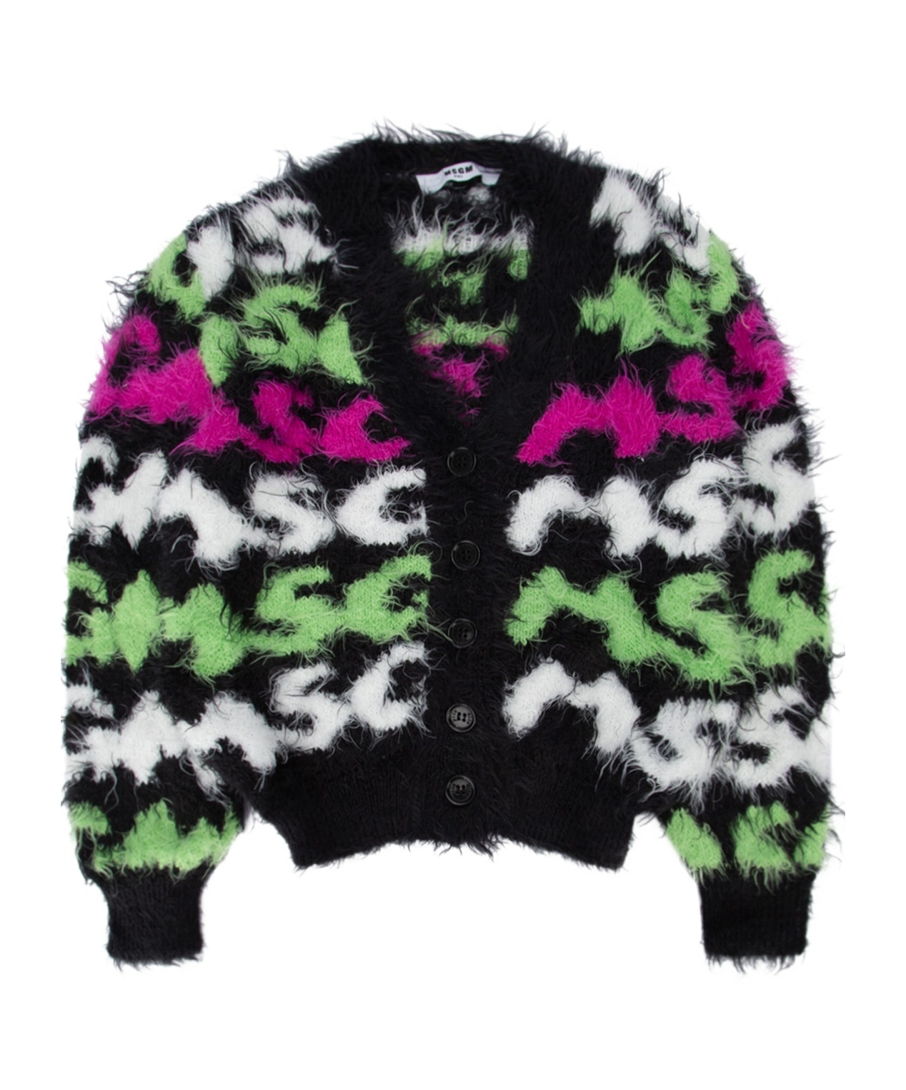 Msgm Brushed-effect Intarsia-knit Cardigan In Black