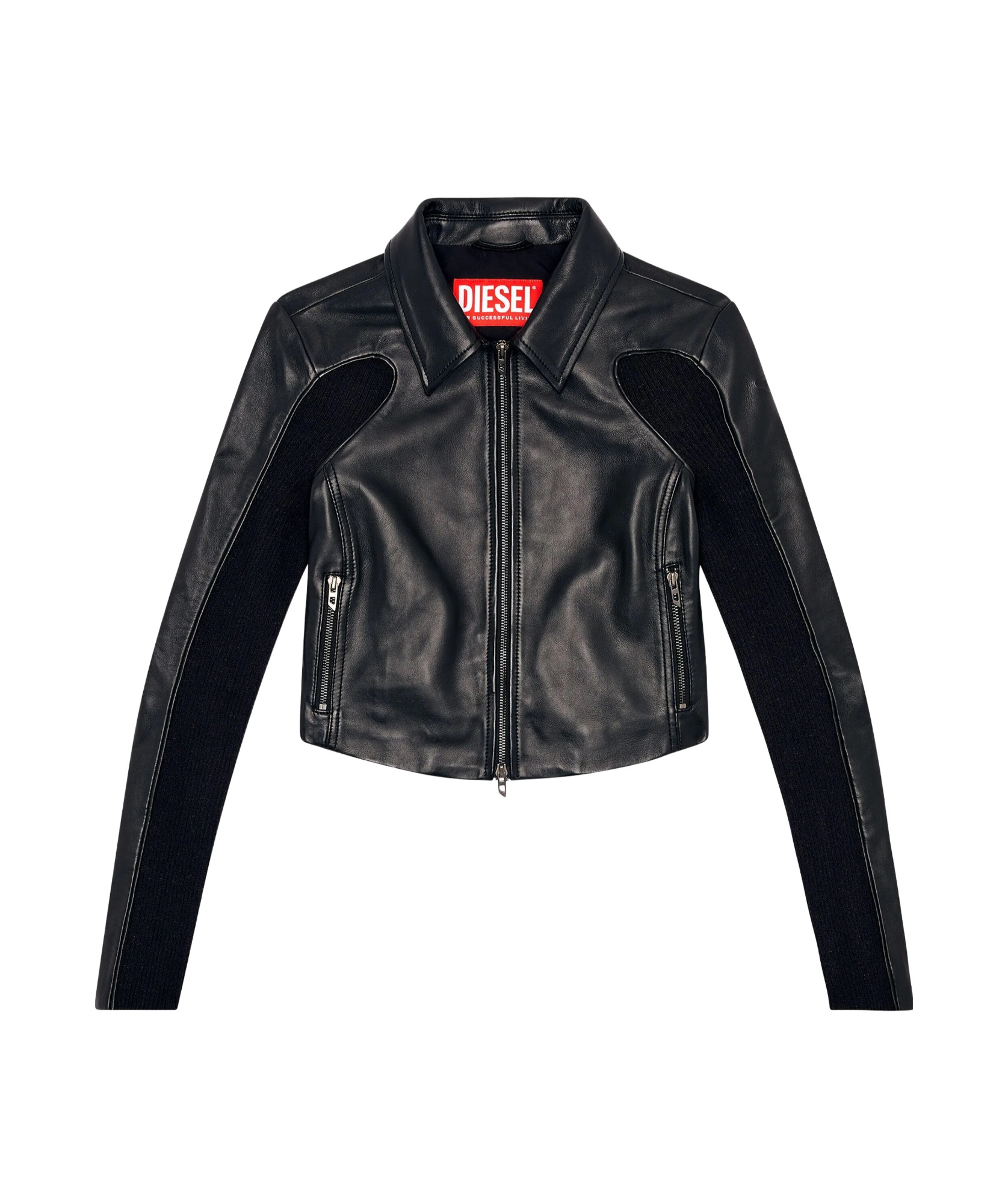 Diesel Red Tag Cropped Leather L-totem Jacket With Knit Details In Black
