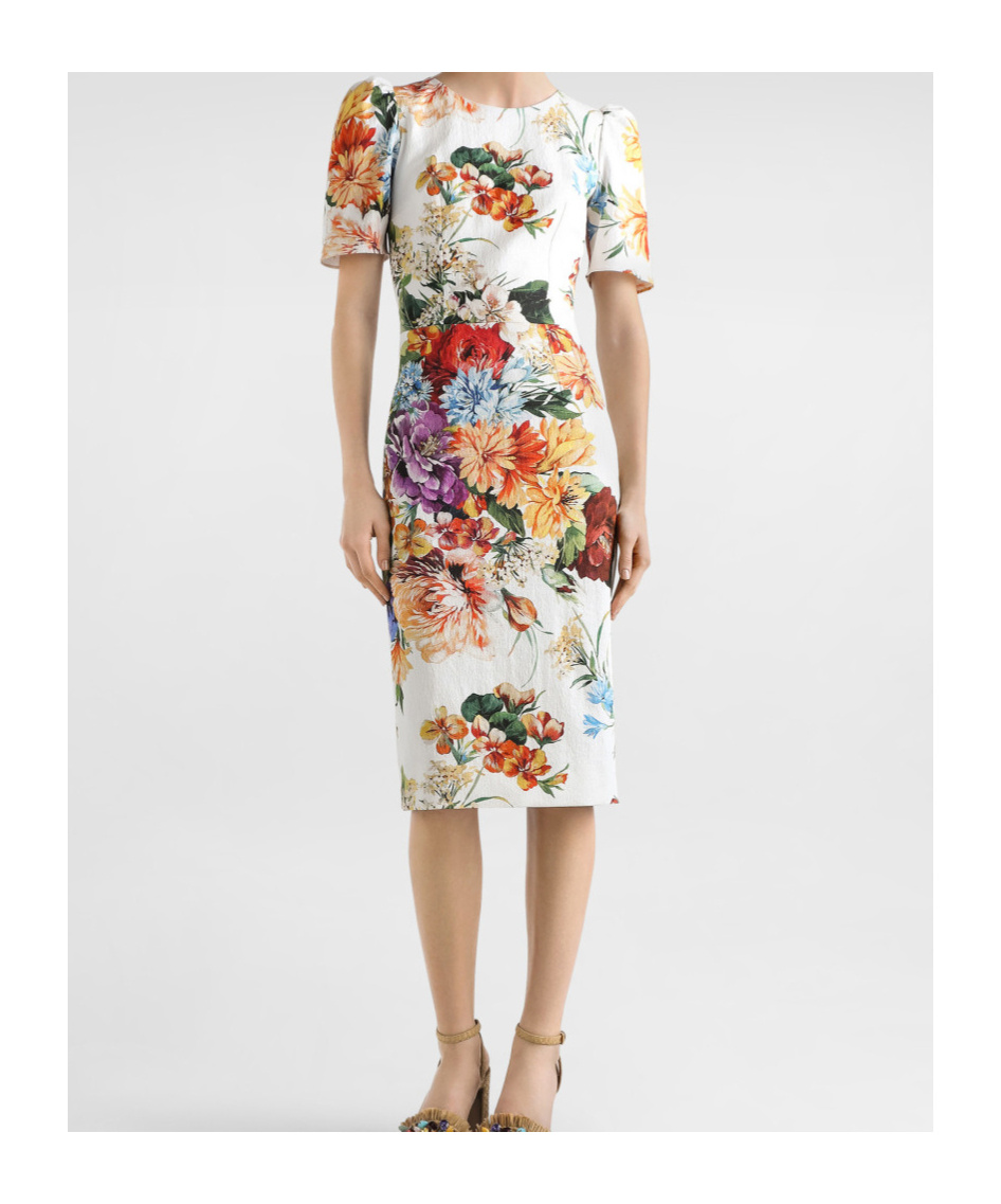 Dolce & Gabbana Midi Dress In Cretonne With A Bouquet Print In Multi