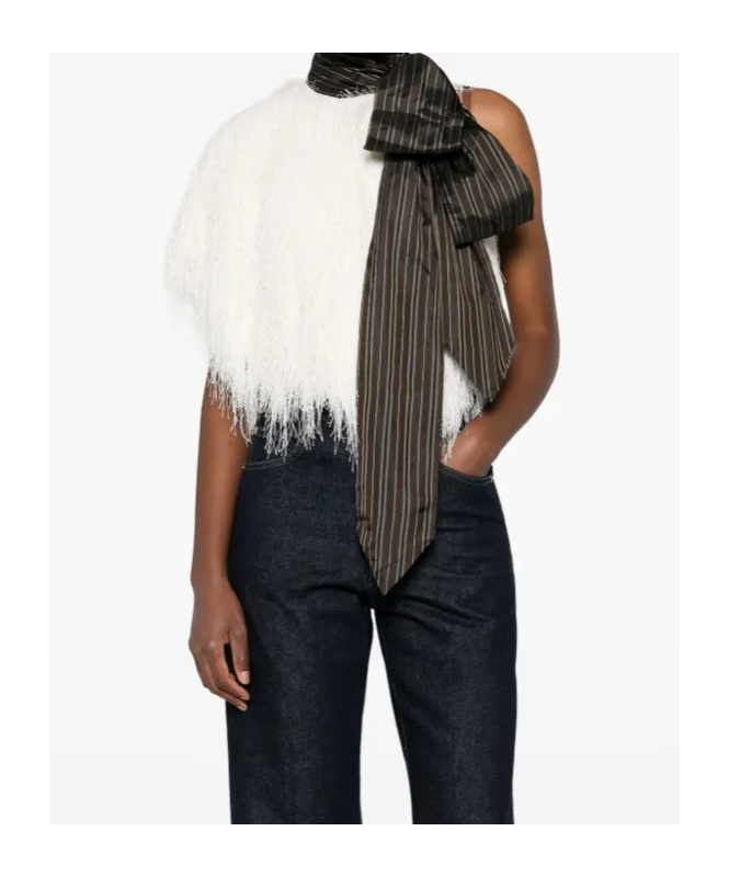 Dries Van Noten Asymmetric Sleeveless Top Fringe Detail In White