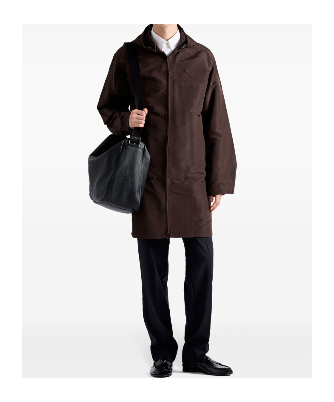 Prada Mid-thigh Brown Zip-up Coat With Hood And Subtle Branding In Black