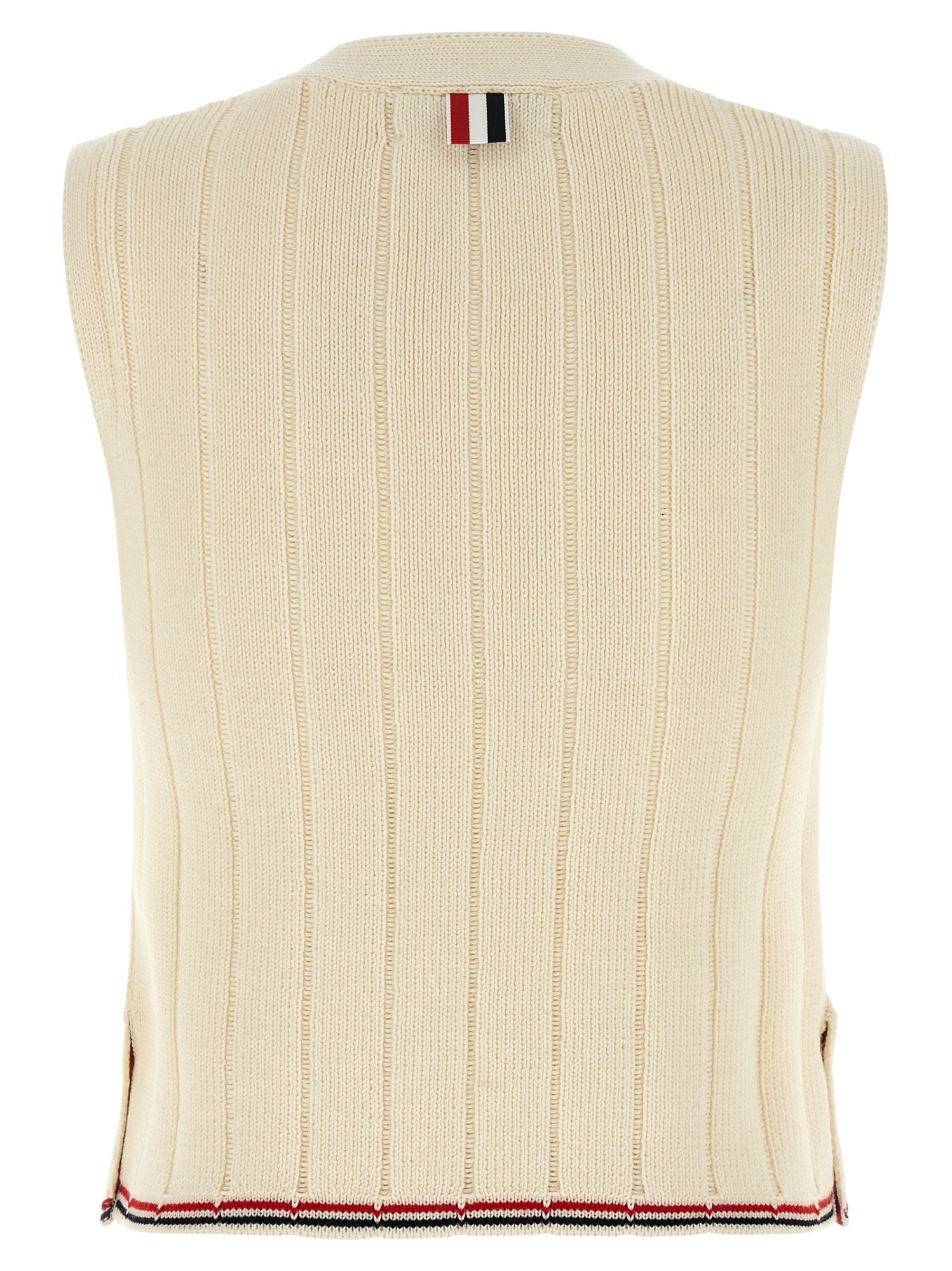 Thom Browne Sleeveless V-neck Ribbed Striped Vest In Neutral