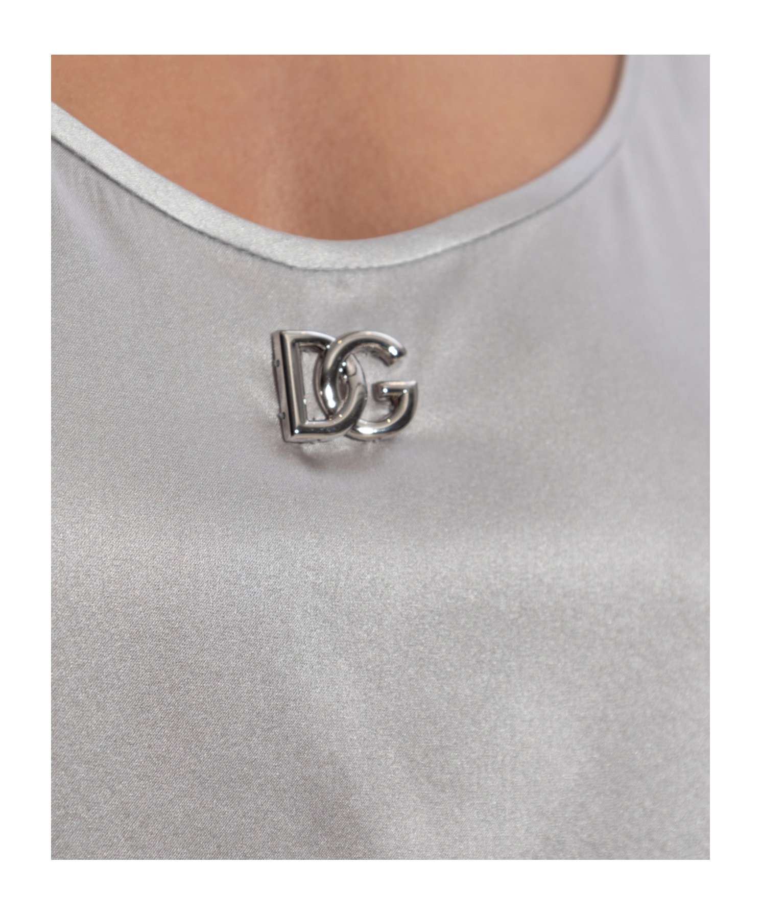 Dolce & Gabbana Silk Satin Tank Top With Dg Logo Pin In Gray