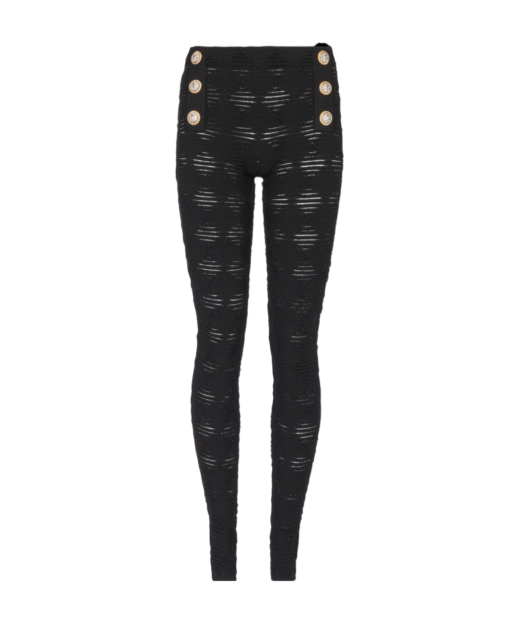 Balmain Embossed-button Open-knit Leggings In Black