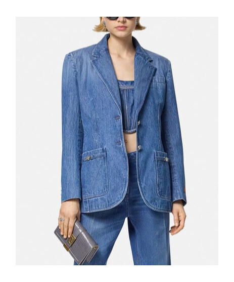 Shop Versace Denim Suit Coat In Blue