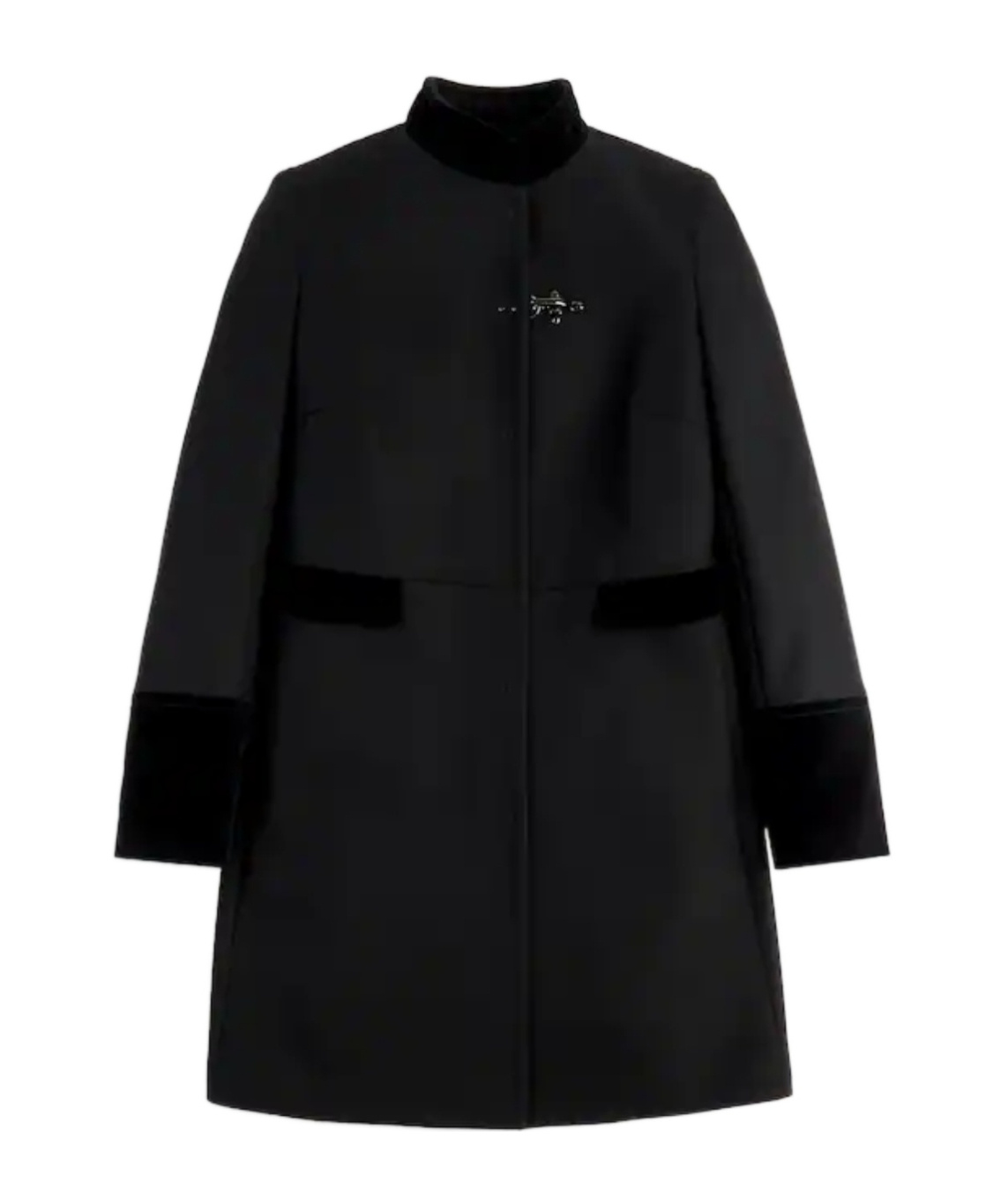 Fay Structured Black Coat With Velvet Accents And High Collar In Black