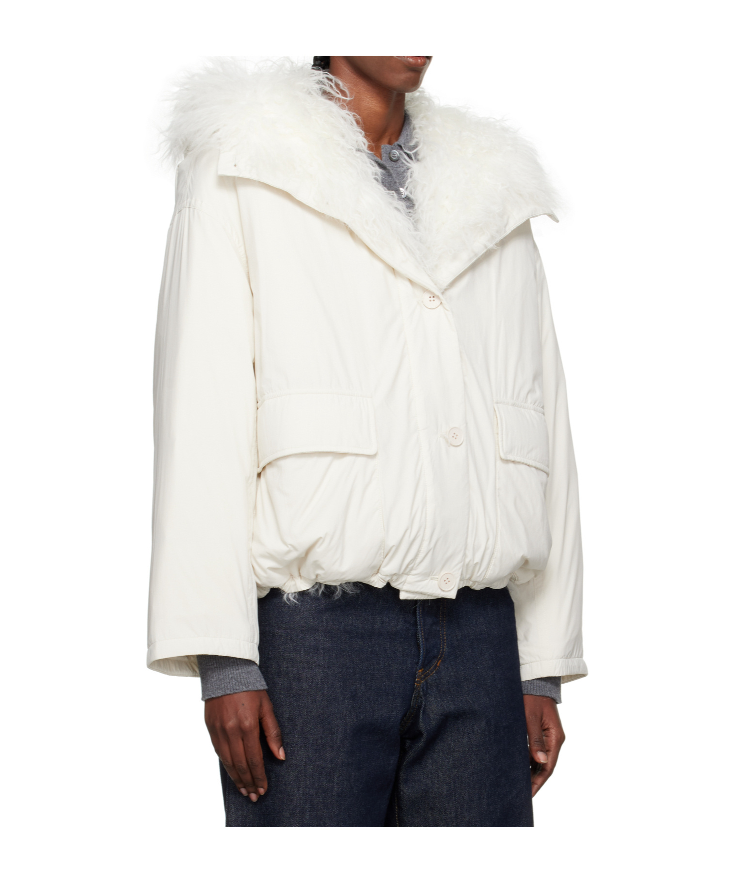 Yves Salomon Cropped Wool Down Jacket In White
