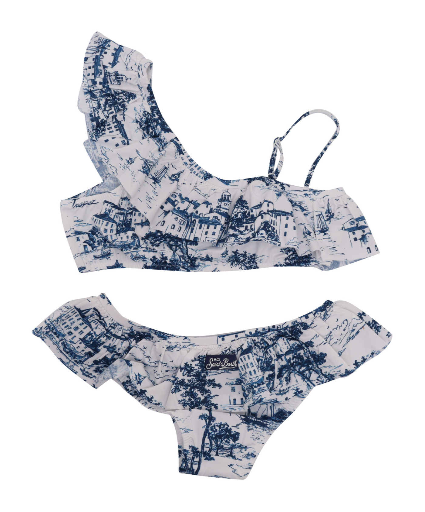 Mc2 Saint Barth Ruffled Asymmetric-shoulder Bikini In Blue