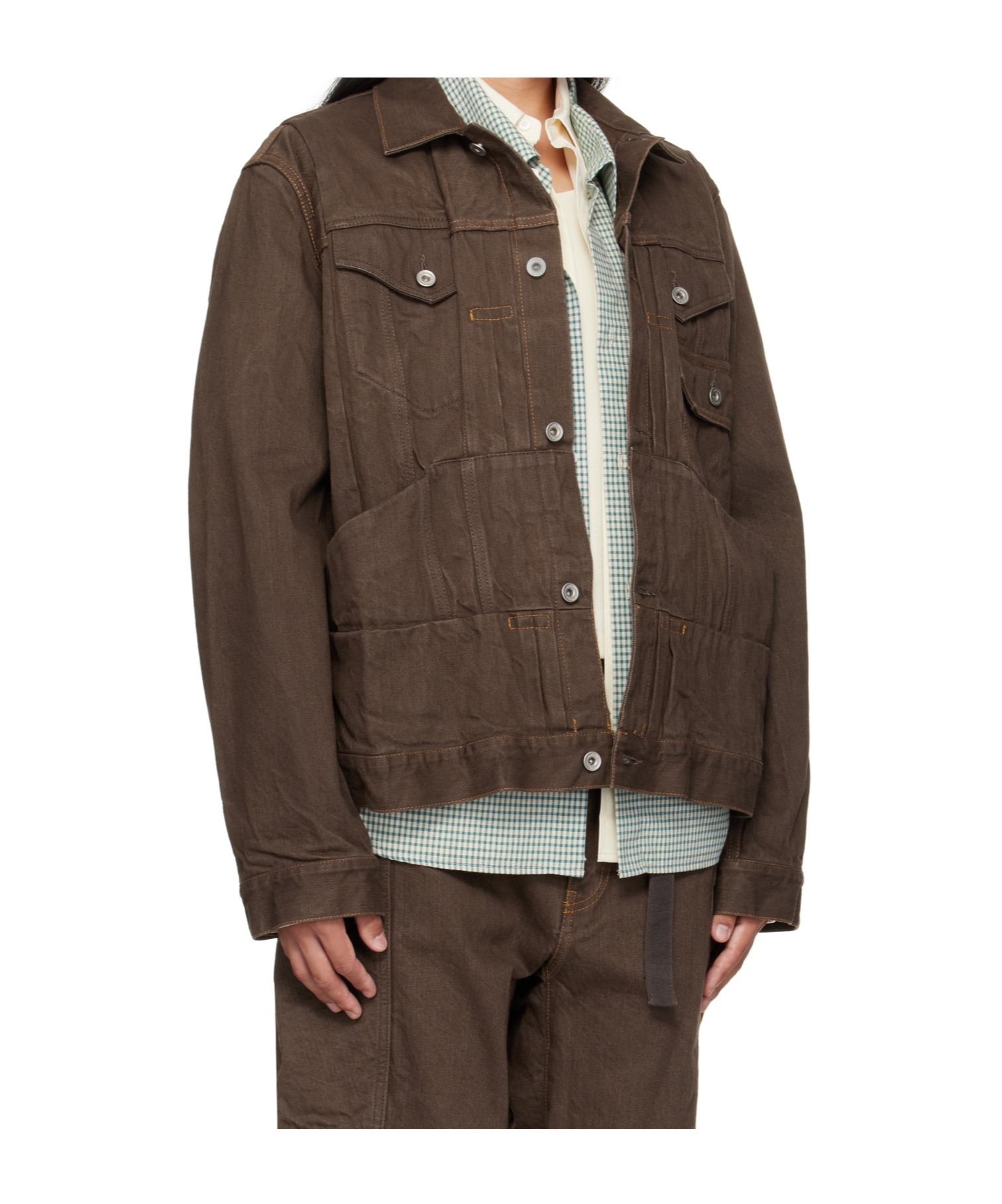 Sacai Long-sleeved Denim Jacket In Brown