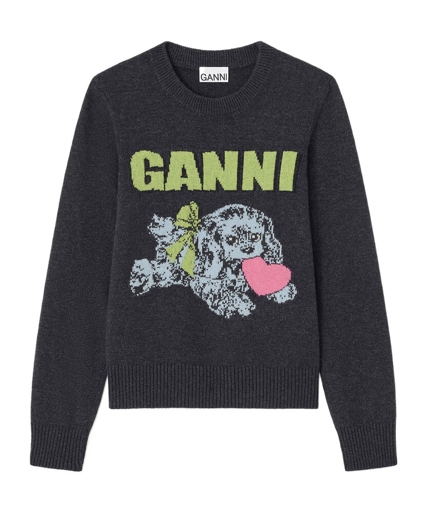 Ganni Playful Puppy Love Graphic Wool Blend Crewneck Sweater In Black