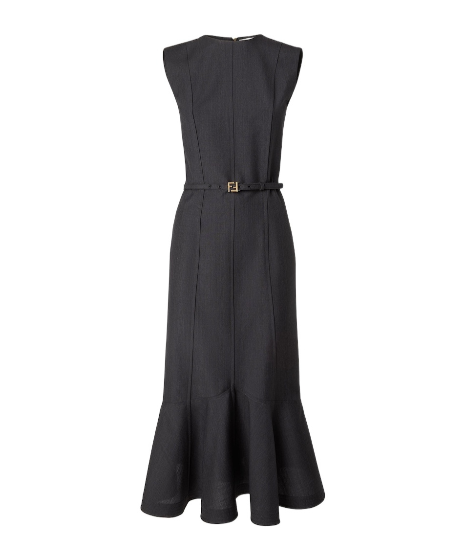Fendi Peplum Wool-mohair Midi Dress In Black
