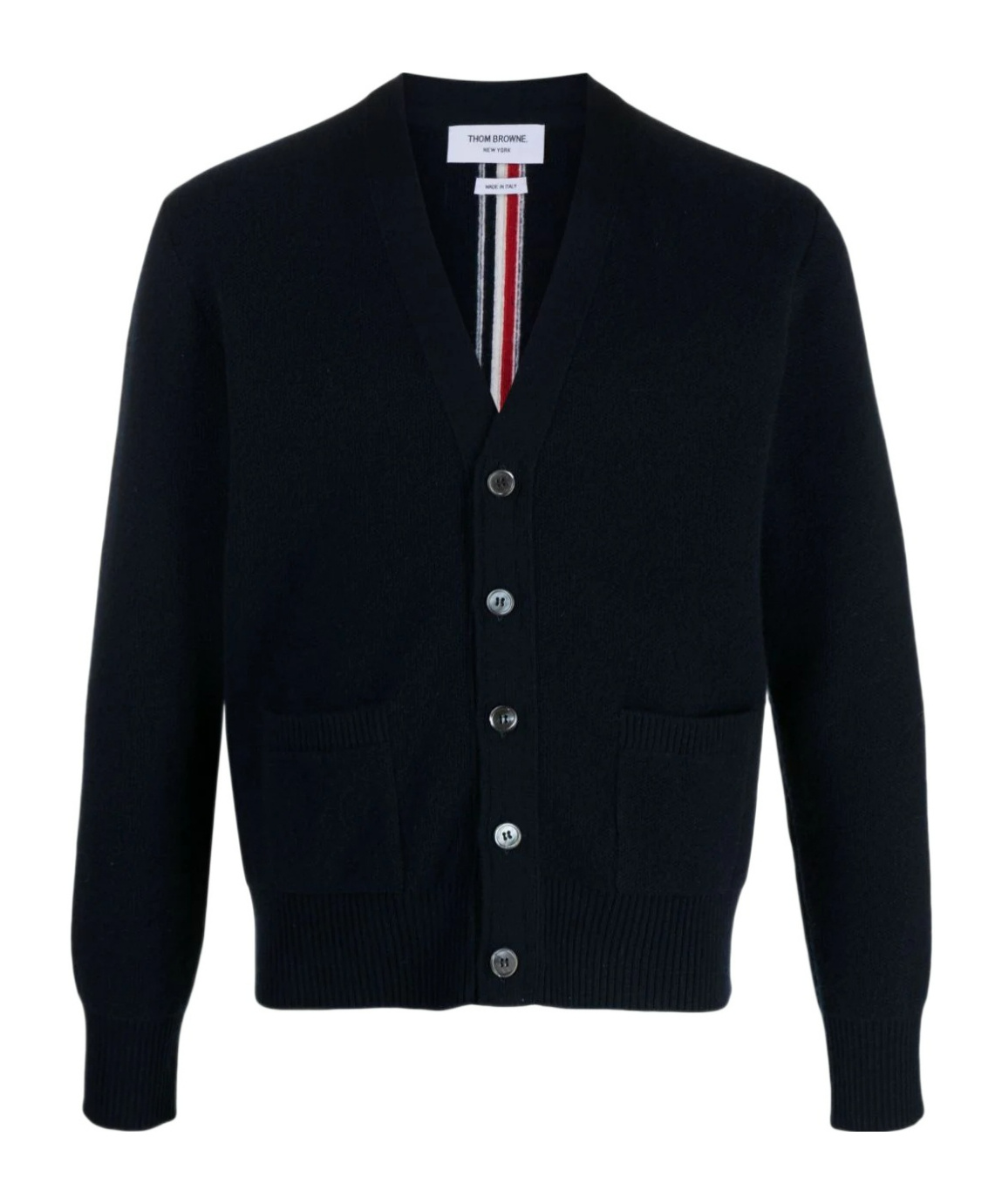 Thom Browne Navy Blue Wool Cardigan With Tricolour Insert Men In Black