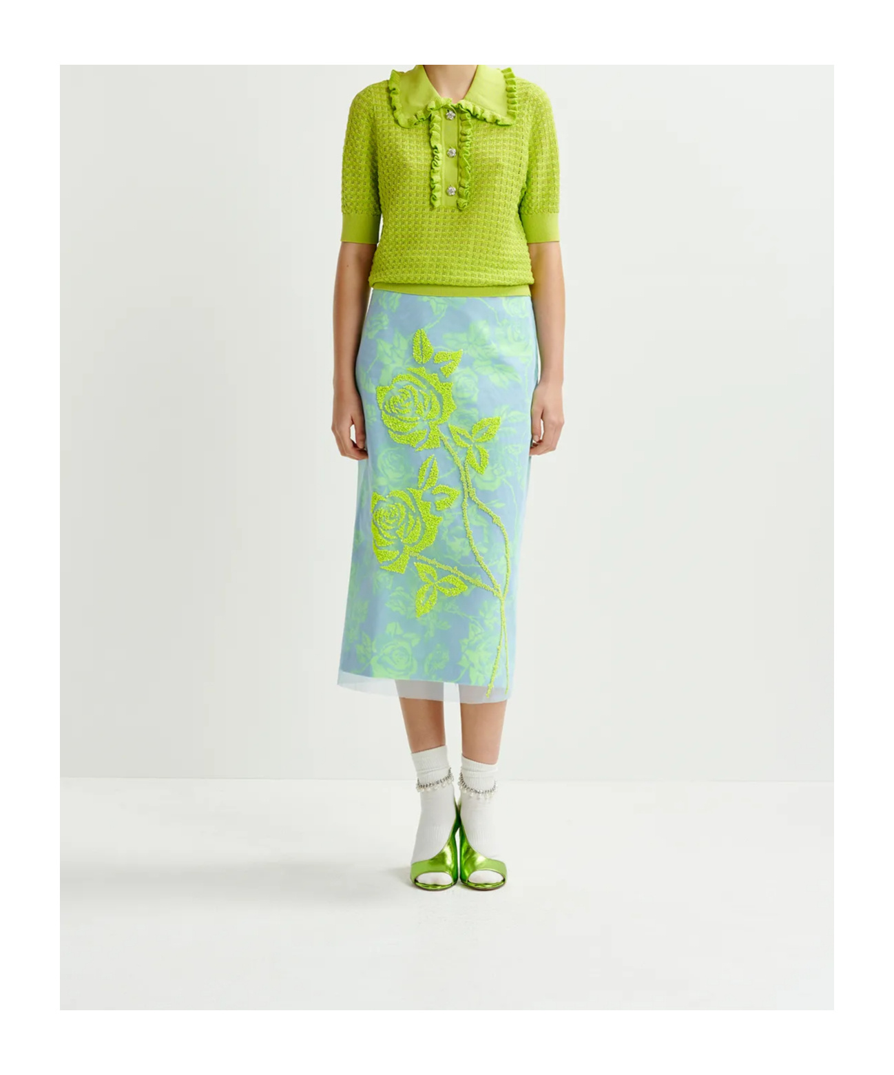Essentiel Antwerp Light Blue And Mint Green Tule Midi Skirt With Sequin Floral Embroideries In Green