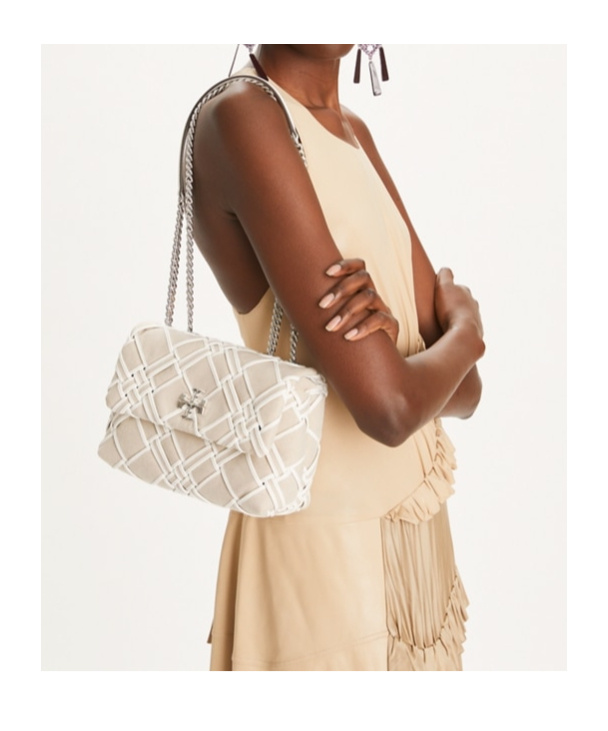 Shop Tory Burch Small Kira Woven Canvas Convertible Shoulder Bag In Nude