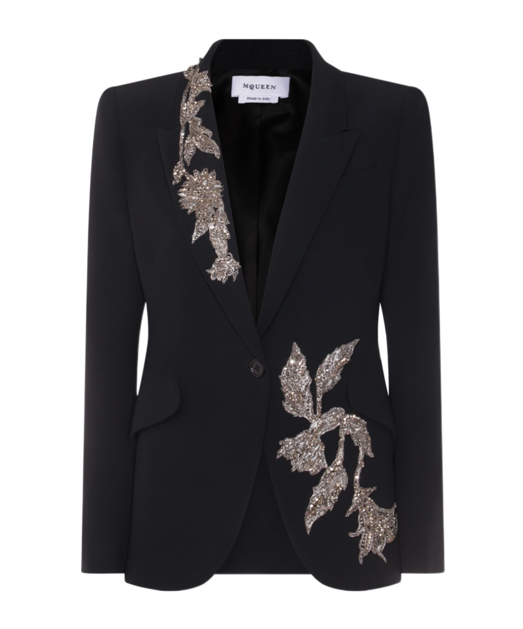 Alexander Mcqueen Floral Crystal One-button Crepe Blazer In Black