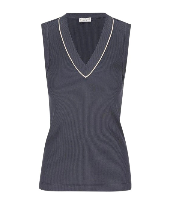 Brunello Cucinelli Bead-embellished Ribbed Cotton-blend Tank In Black