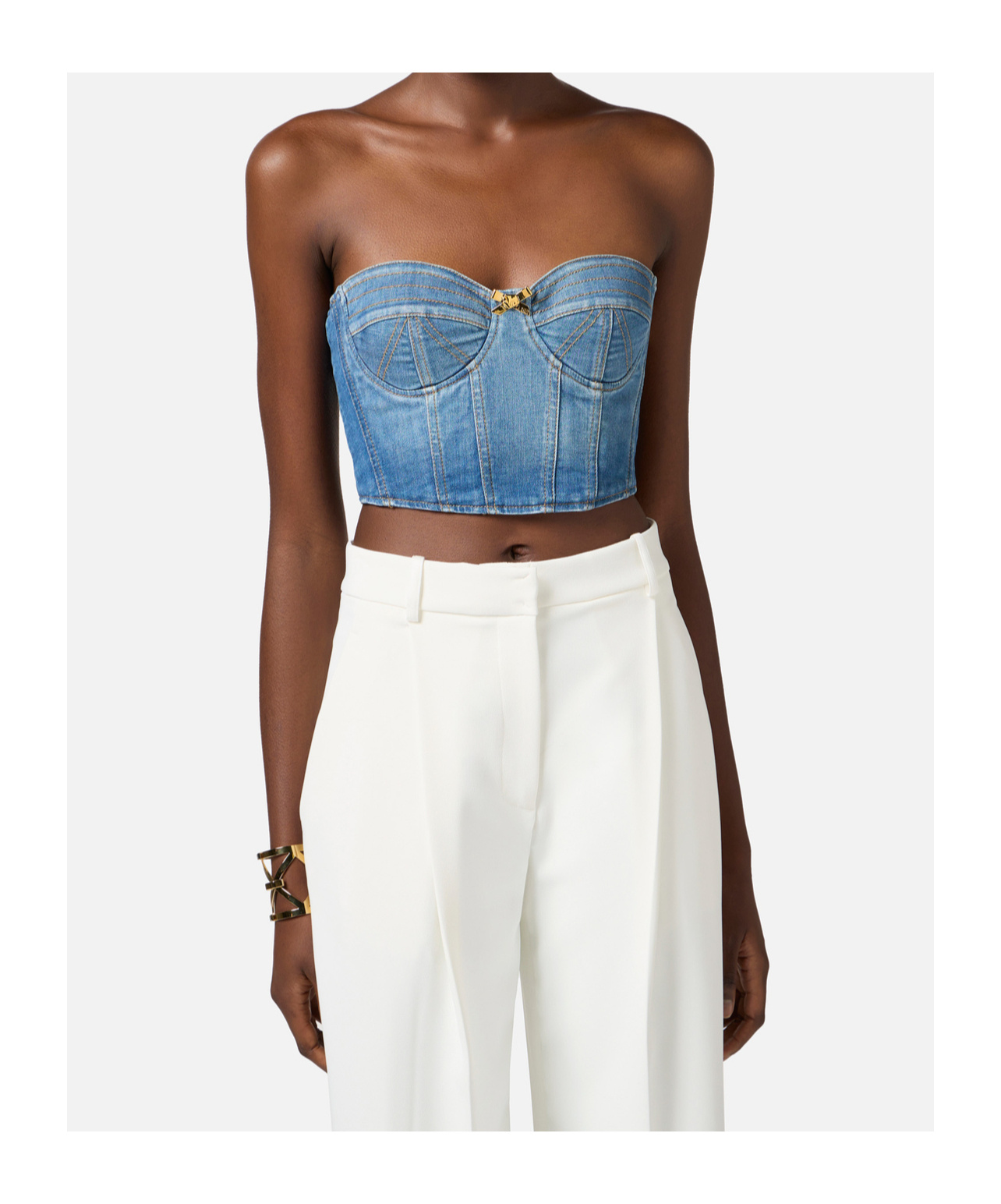 Elisabetta Franchi Denim Corset Vest In Blue
