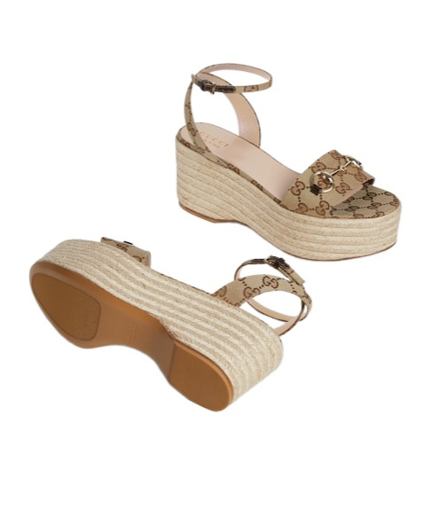 Gucci Lady Horsebit Gg Platform Espadrille Sandals In Beige/dark Brown