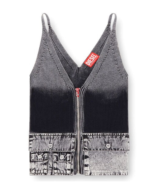 Diesel Knit Tank Top With Denim Cargo Pockets In Black