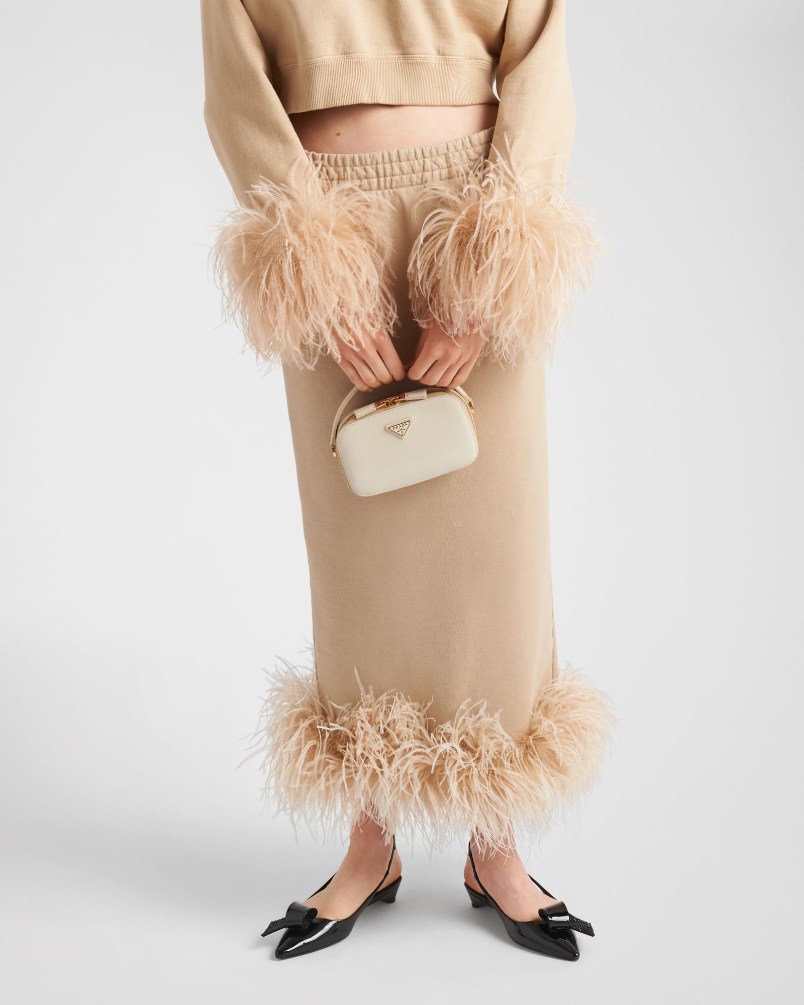 Prada Cotton Fleece Skirt With Feather Trim In Nude