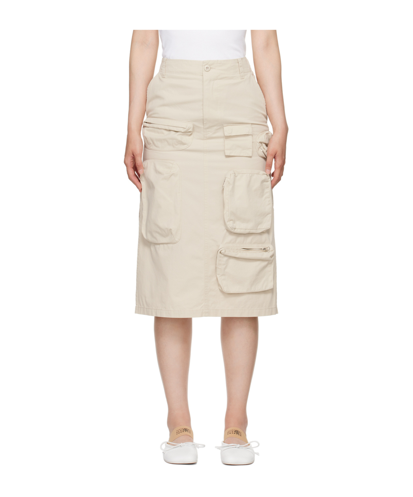 Mm6 Maison Margiela Cotton Gabardine Midi Cargo Skirt In White