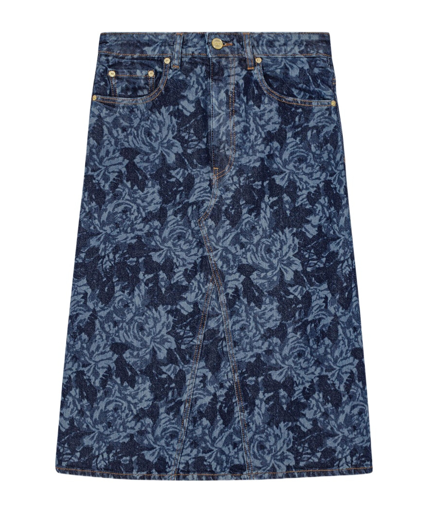 Ganni Lazer Cotton Denim Midi Skirt In Blue
