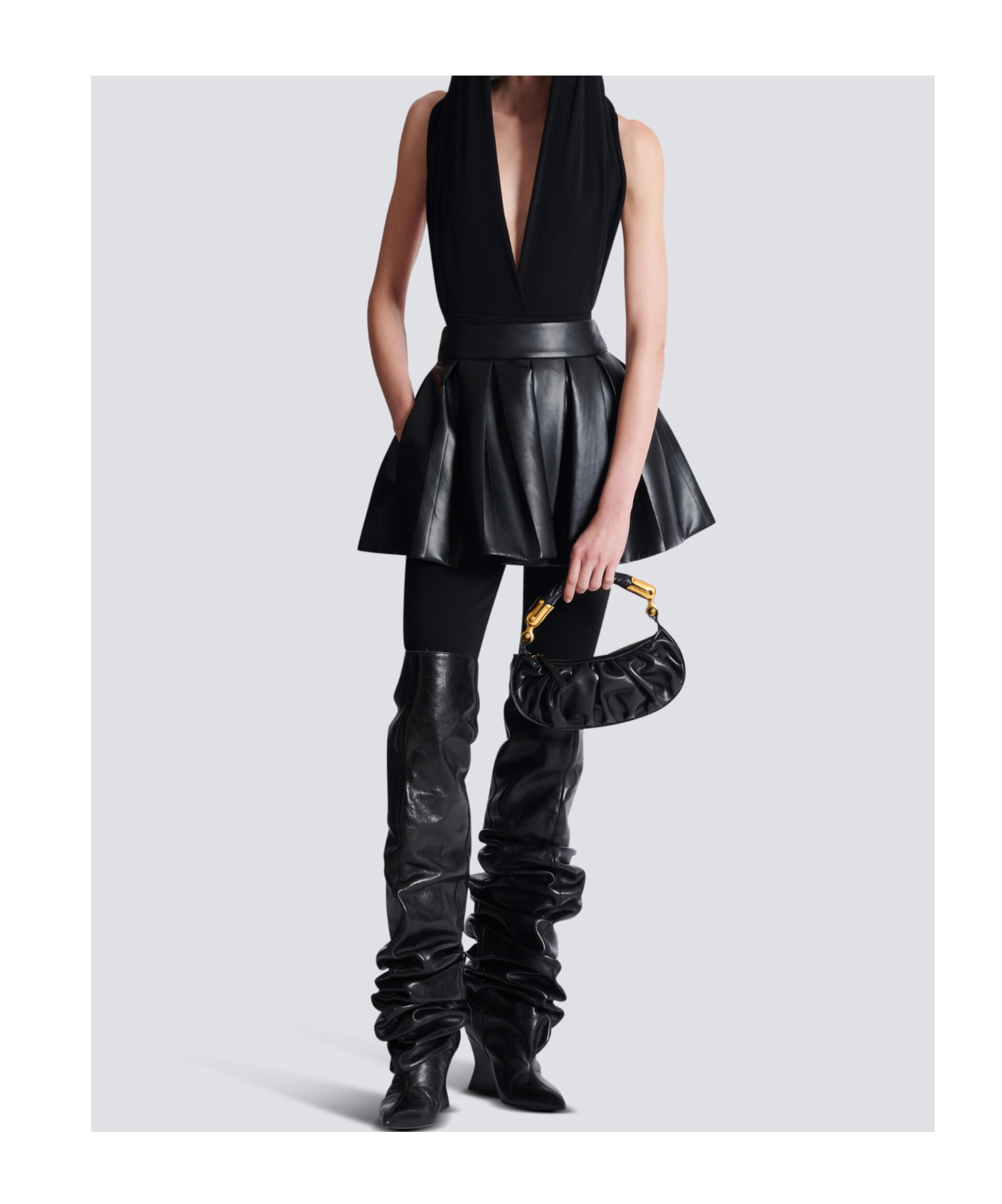 Balmain Short Pleated Faux Leather Skirt In Black