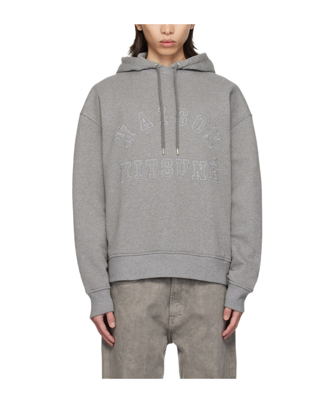 Shop Maison Kitsuné Logo Patch Drawstring Hoodie In Gray