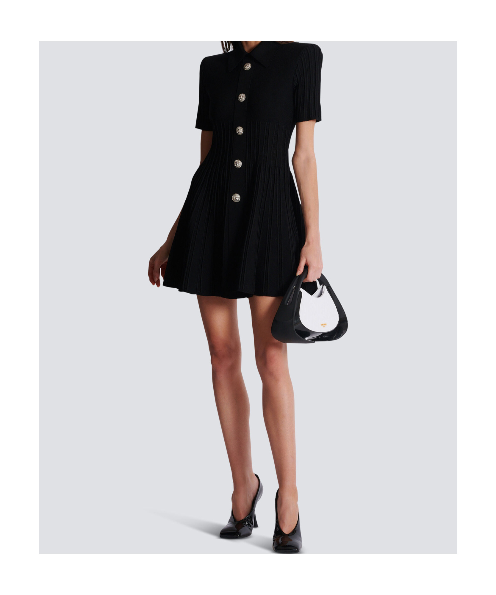 Balmain Short-sleeve Button-front Ribbed Knit Mini Shirtdress In Black