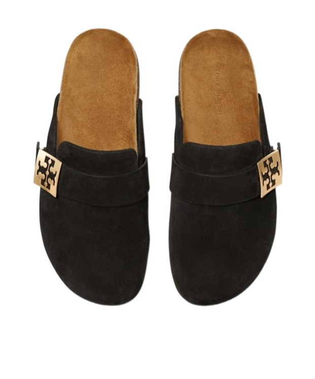 Tory Burch Mellow Suede Buckle Slide Mules In Black
