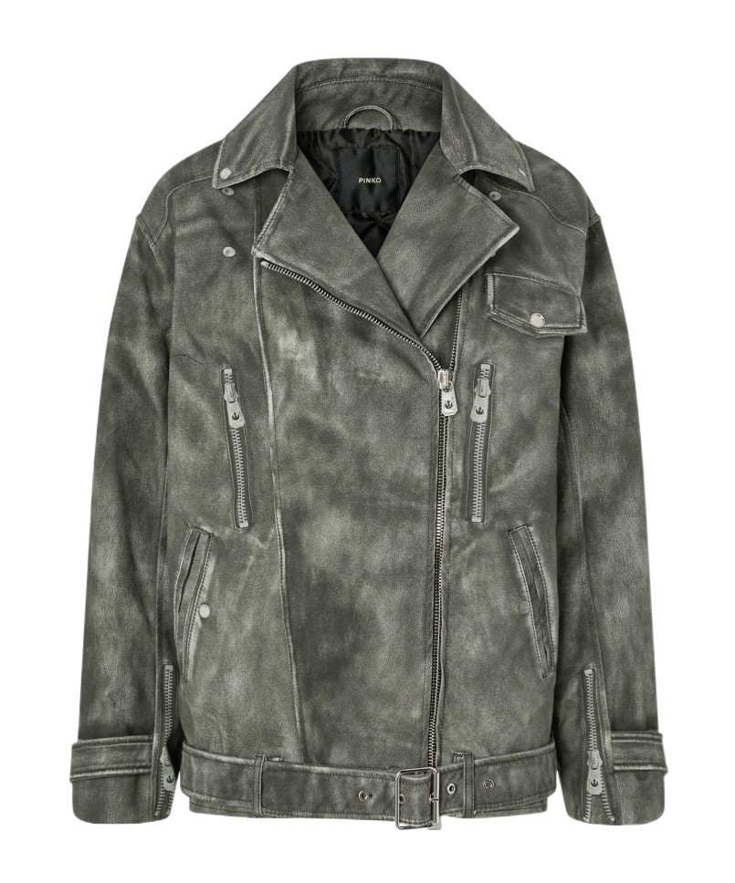 Pinko Belted Biker Jacket In Gray