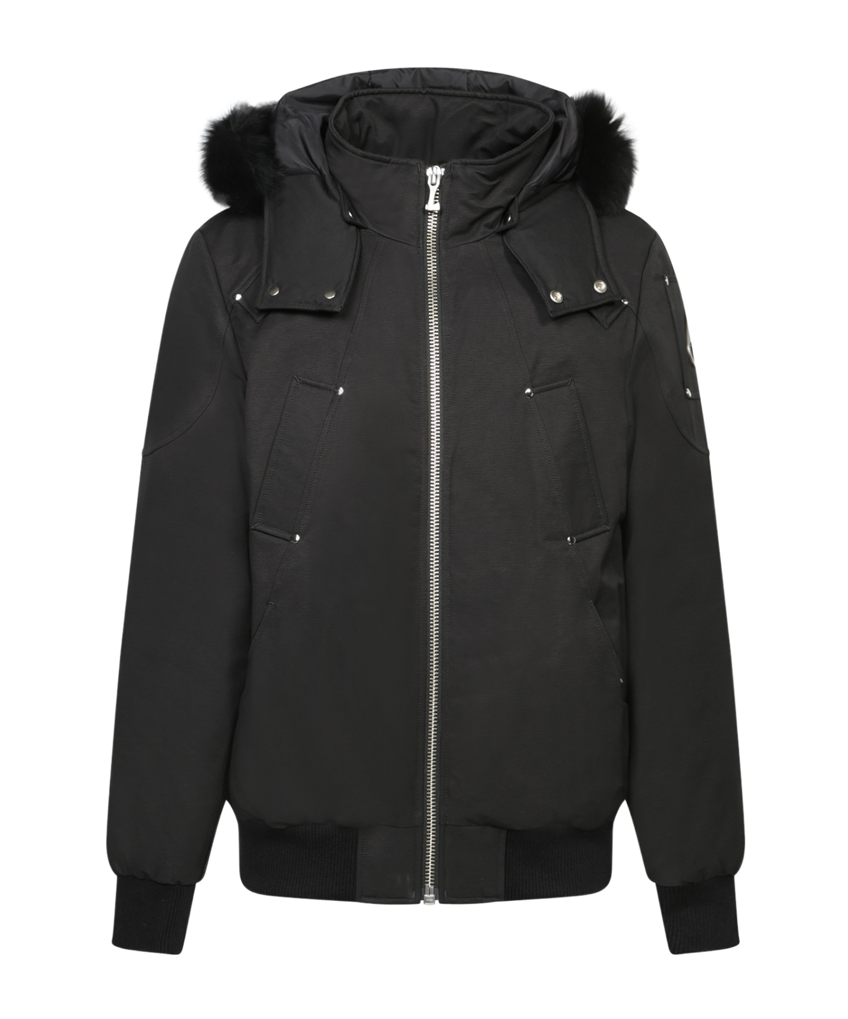 Moose Knuckles Shearling Trim Down Bomber Jacket In Black