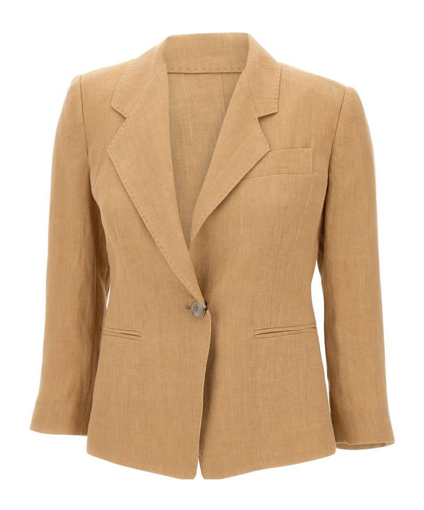 Shop Marella Slim-fit Linen Blazer In Brown