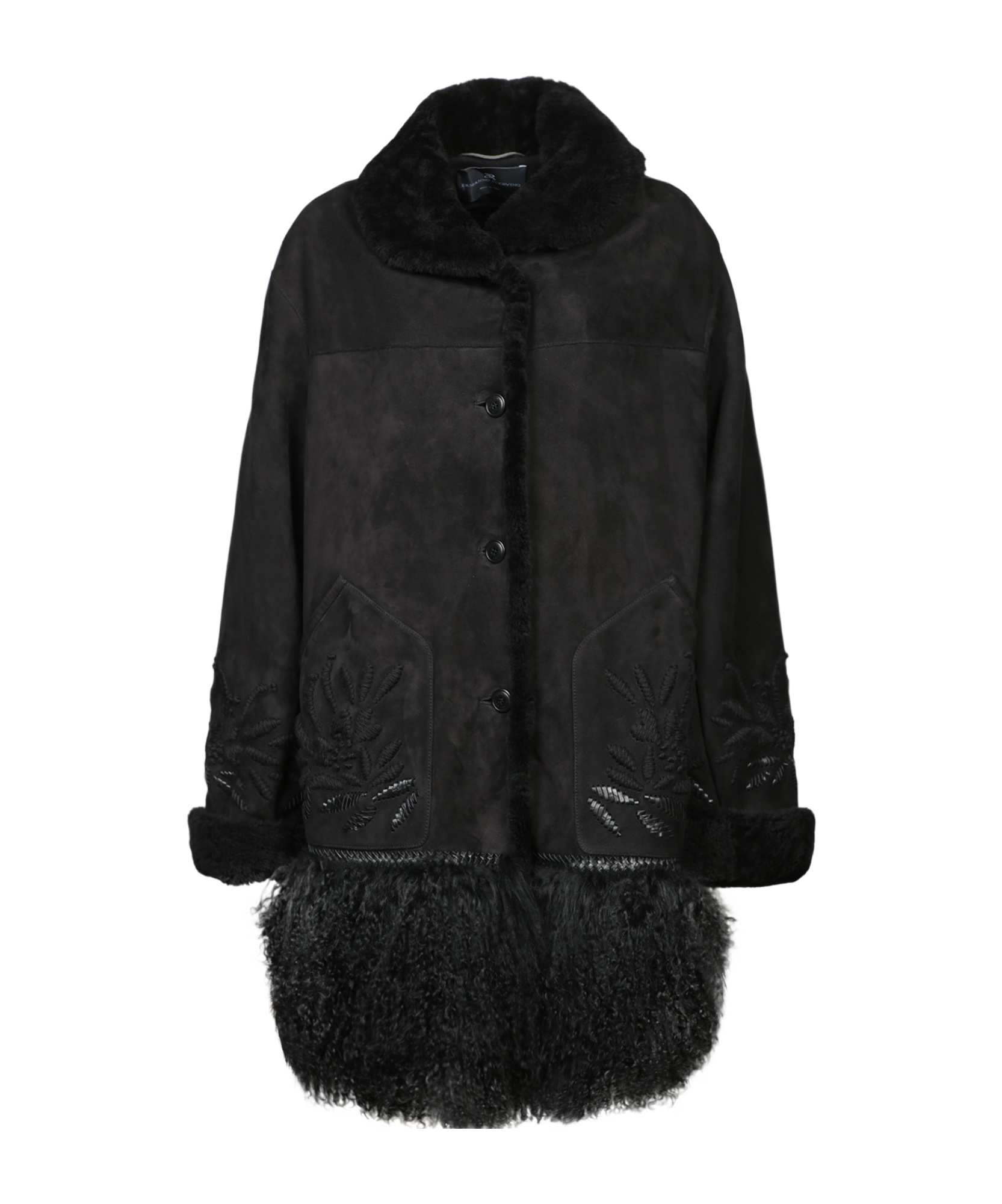 Ermanno Scervino Black Shearling Embroidered Coat In Black