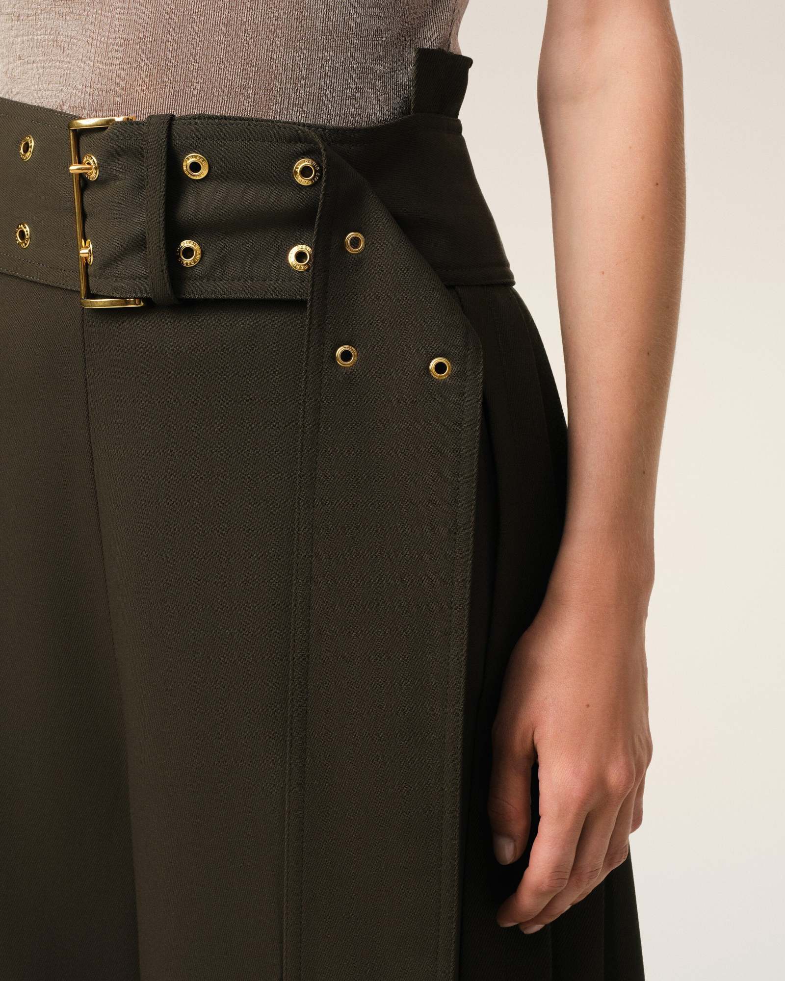 Ami Alexandre Mattiussi Green Wool Twill Belted Pleated Skirt Green In Black Olive