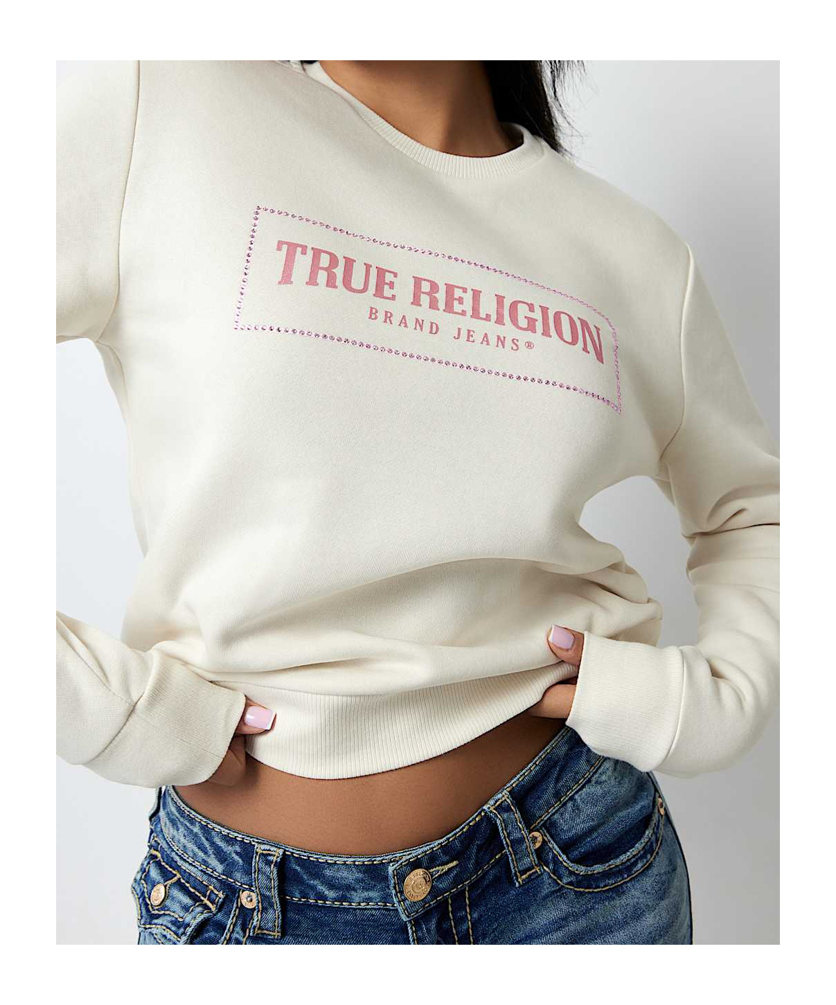 TRUE RELIGION CRYSTAL METALLIC LOGO CREW SWEATSHIRT