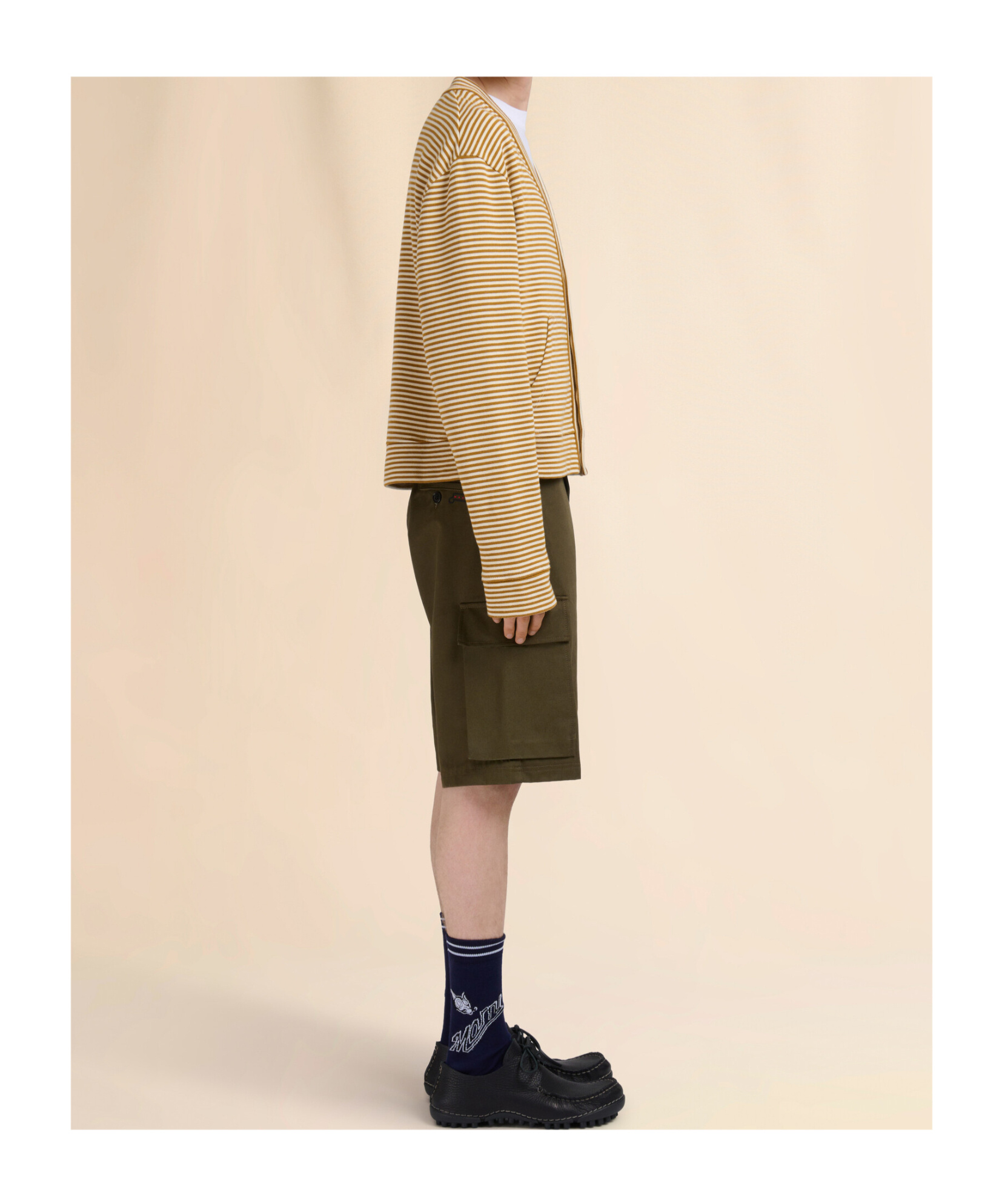 Marni Cropped Cardigan Sweater With Horizontal Stripes And Logo Detail In Brown