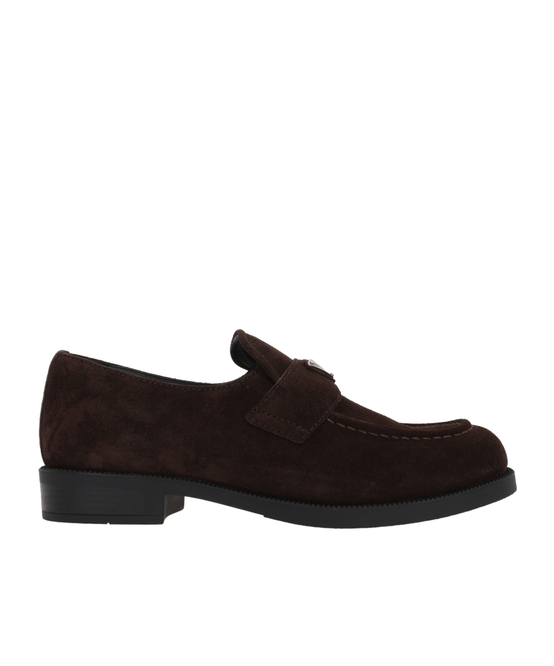 Prada Enamel Triangle-logo Suede Loafers In Brown