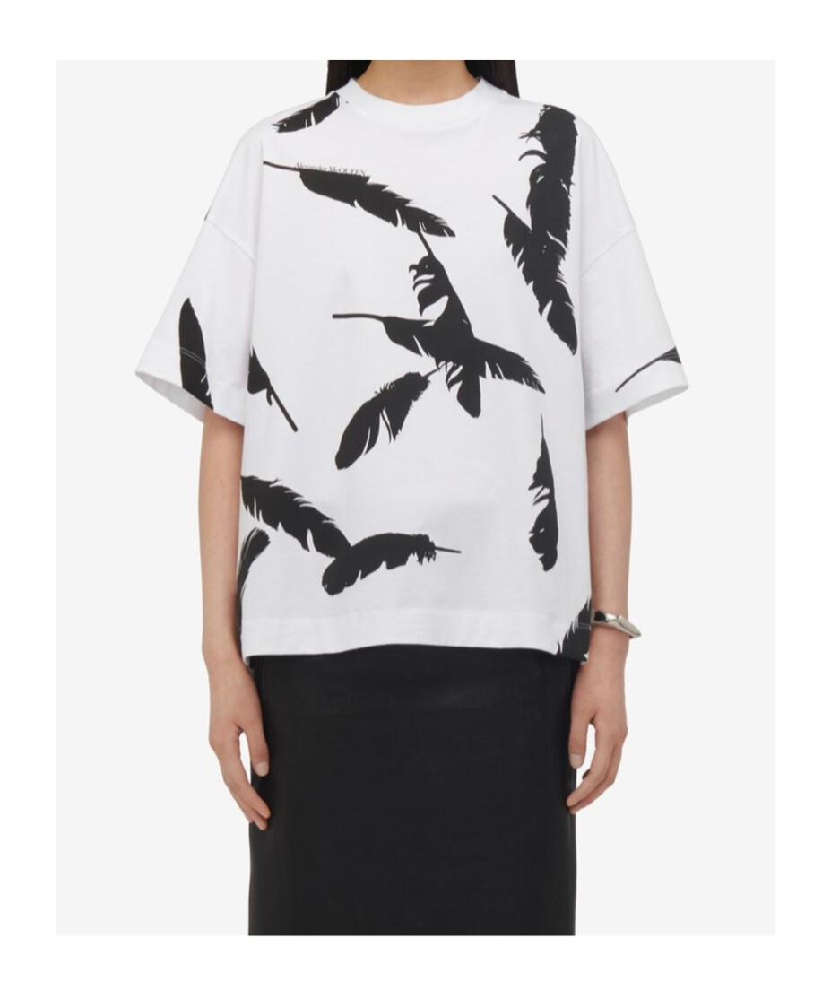 Alexander Mcqueen White Feather-print Oversized T-shirt In White